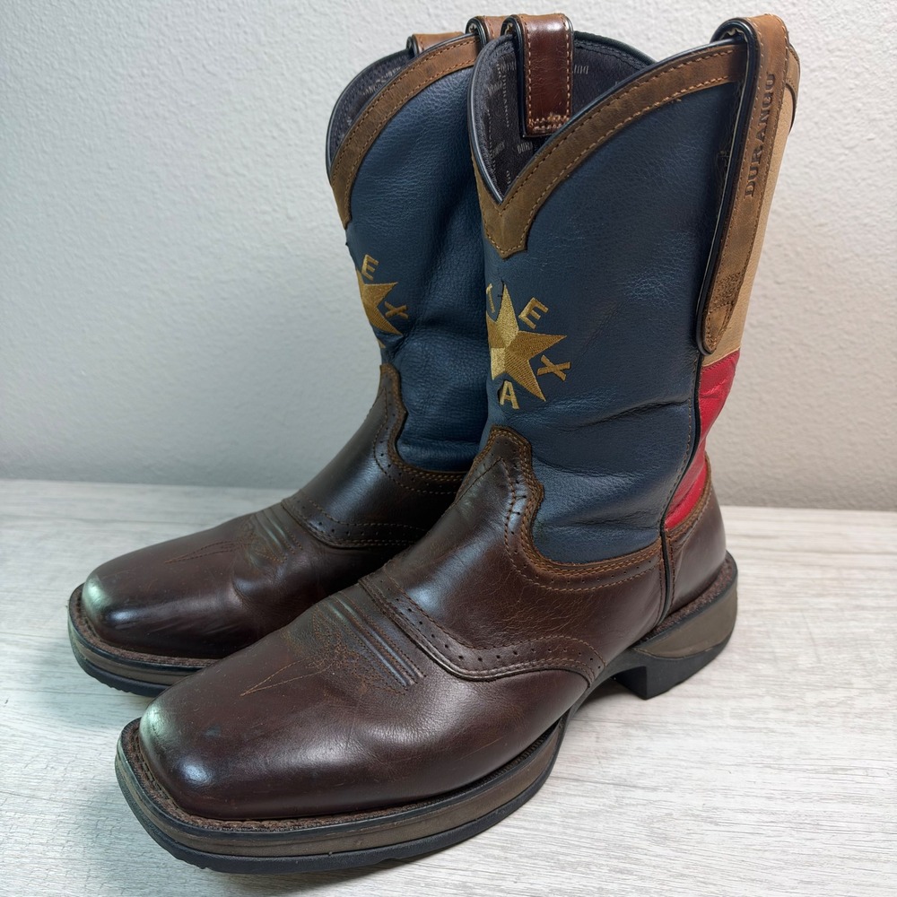 Durango Rebel Texas Flag Western Boots 10M Square Toe Brown Blue Red DDB0070
